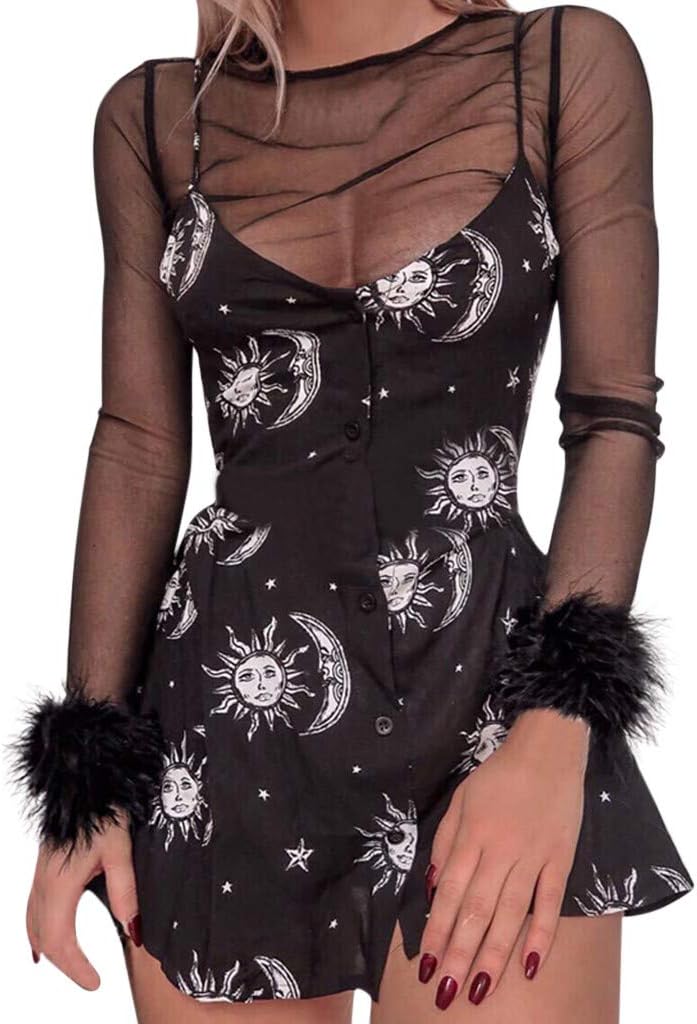 squarex Women Dresses, Elegant Summer Casual Women Street Gothic Punk Black Sun Moon Star Print Sleeveless Bodycon Mini Dress