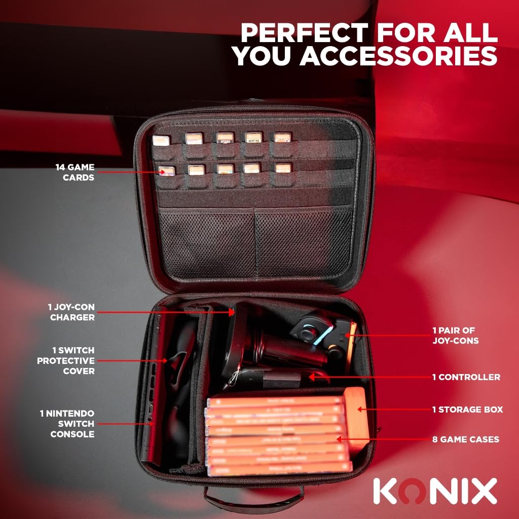 Konix Schutz- und Tragetasche Big Carry Case für Nintendo Switch 2 - Zubehörnetze - 14 Spielschächte - Schwarz 2