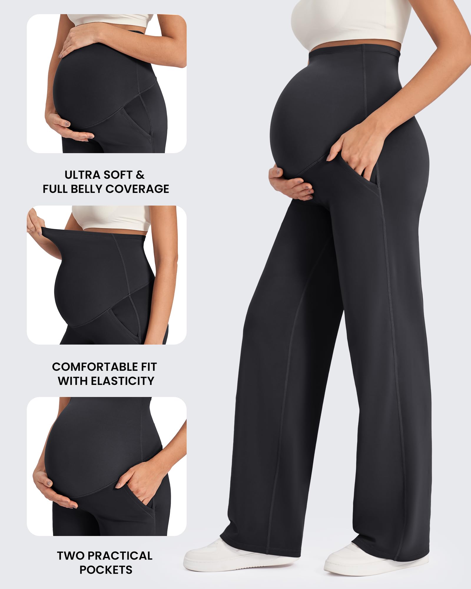 G4Free Maternity Pants Over The Belly Yoga Dress Work Pregnancy Pants Stretchy Lounge Wide Leg Trousers with Pockets