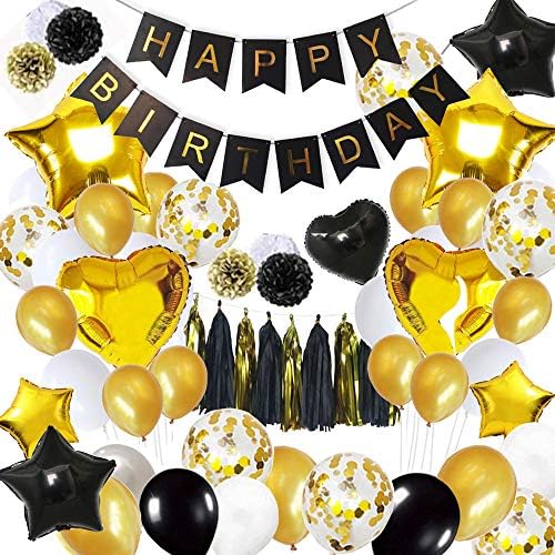 Black and Gold Party Decorations(109Pcs) Happy Birthday Banner Star Heart Foil Balloons 18th 20th 30th 40th 50th 60th 70th Birthday Party Supplies Birthday Balloons