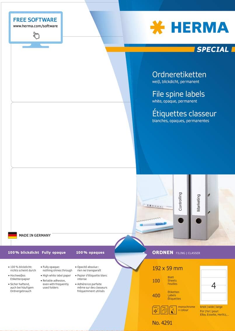 HERMA Self Adhesive Spine Labels, 4 Labels per A4 Sheet, 100 Sheets, 192 x 59 mm, 400 Labels - Image 4
