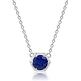 Round Blue Sapphire Necklace for Women 925 Sterling Silver Pendant 18 Inch Chain and Spring Ring Clasp Hexagon Stationary Gemstone Pendants September Birthstone Necklaces Sapphire Jewelry for Women