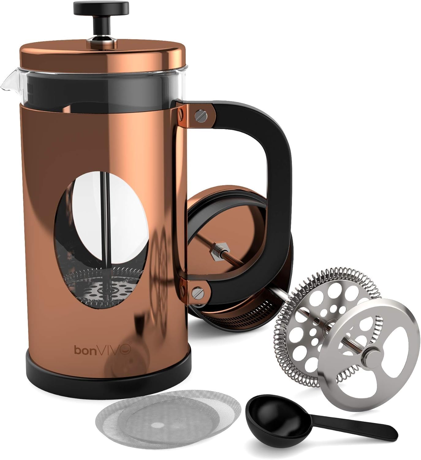 bonVIVO Copper Cafetiere 8 Cup (1000ml) – Rose Gold Stainless Steel French Press Coffee Maker, Heat-Resistant Coffee Press with Bonus Scoop & Replacement Filter, Coffee Plunger for Ground Coffee