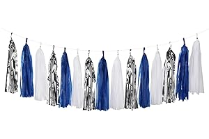 Navy-Blue White-Silver Tassel Garland Streamers - 15pcs Party Decorations Tissue Paper Tassels Banner,Graduation 2025 Wedding Baby Bridal Shower Hanging Decoration Boy Birthday Backdrop Decor Panduola