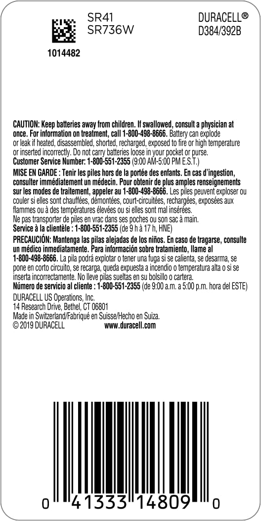 Duracell 384/392 Silver Oxide Button Battery, 1 Count Pack, 384/392 1.5 Volt Battery, Long-Lasting for Watches, Medical Devices, Calculators, and More