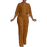 Ophestin Women 2 Piece Outfits Dressy Batwing Sleeve Button Down Crop Top Cut Out Wide Leg Pant Matching Tracksuit Sets