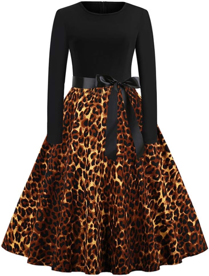 SSMENG Womens Evening Party Dress Vintage Leopard Print Fashion Personality Elegant Dress A-line Swing Dress