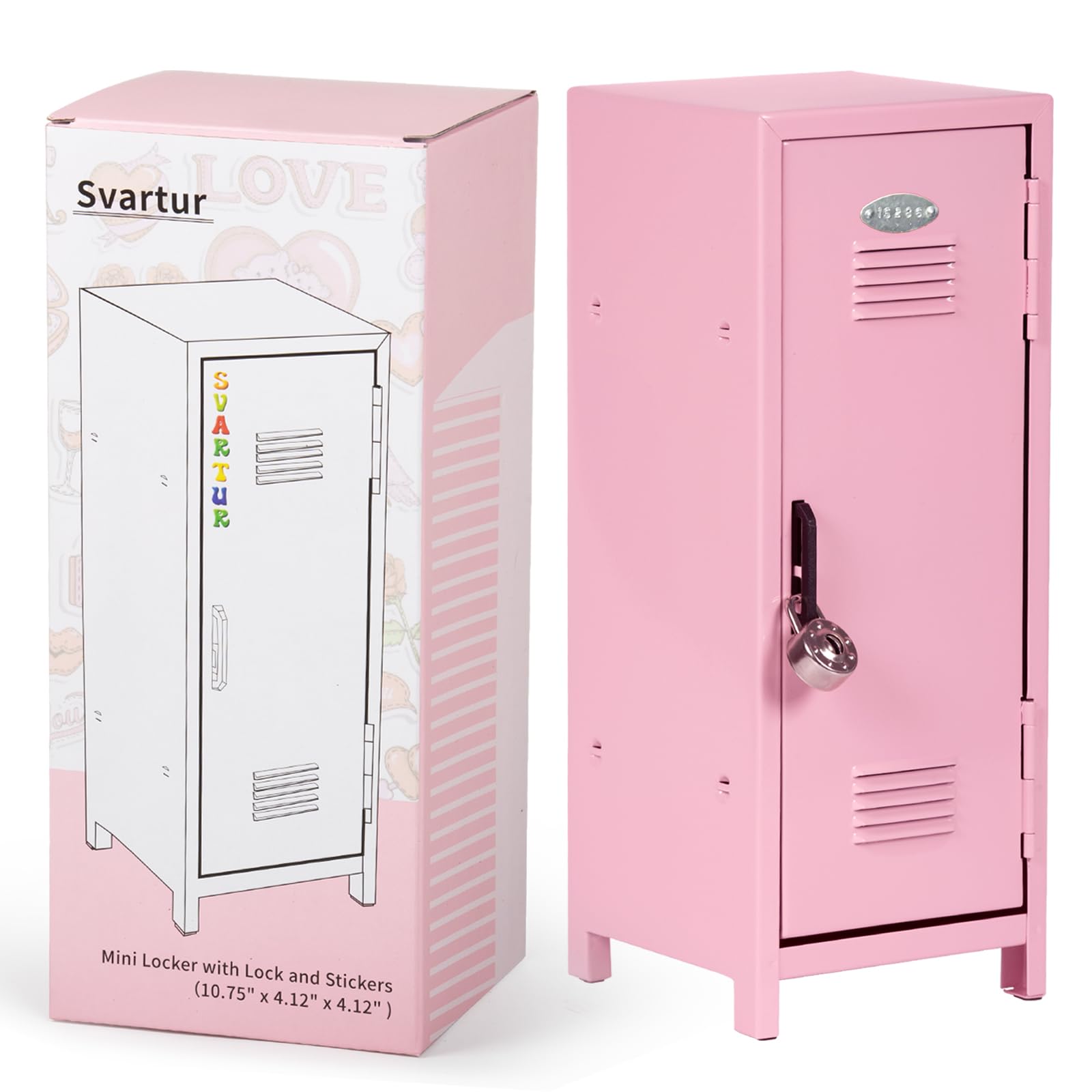 Photo 1 of Svartur Mini Locker with Lock & Keys, Stickers, Metal Small Locker for Desktop, Girls Lockbox Desktop Storage Organizer, Money Safe and Cash Lock Box for Girls Safe, Pink