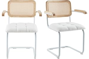 Farini Kitchen Dining Chairs Set of 2 with Armrest,Mid-Century Modern Chair Mesh Backrest Cane Rattan Chairs for Home Dining Room(White,Teddy Velvet)