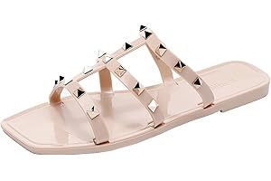 OMGard Women Flats Sandals, Studded Jelly Shoes Size 9 Red Dressy Summer Beach Rivets Strappy Jellies Slide Slip On Open Toes