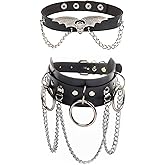 Taichell 2Pcs Goth Choker Necklace for Women Black Leather Heart Circle Chains Choker Collar Necklace Halloween Cool Gothic Necklace Cosplay Jewelry