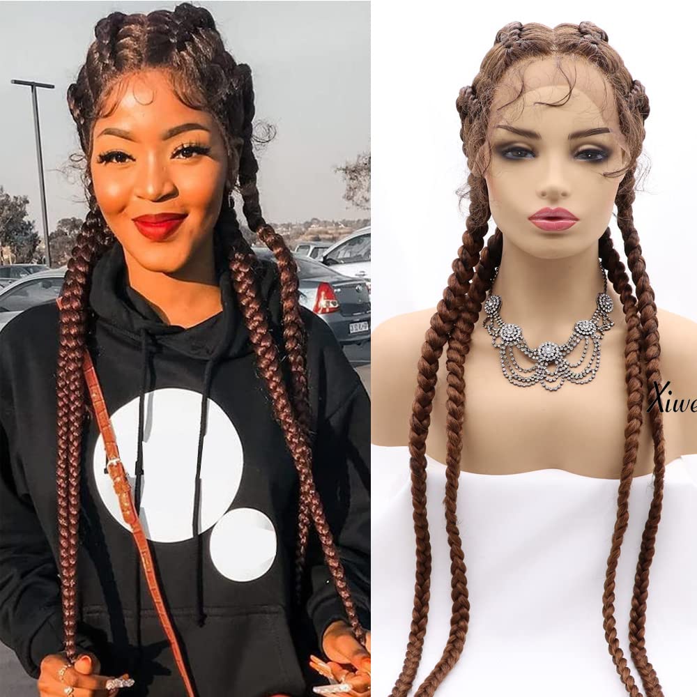 Xiweiya Wigs Copper Brown 4 Twist Braids Mixed Blodne Brown Braided Wig With Baby Hairs 1B/30# Lace Front Wig Cornrow Wig Long Braiding Wigs 36inch for Black Women