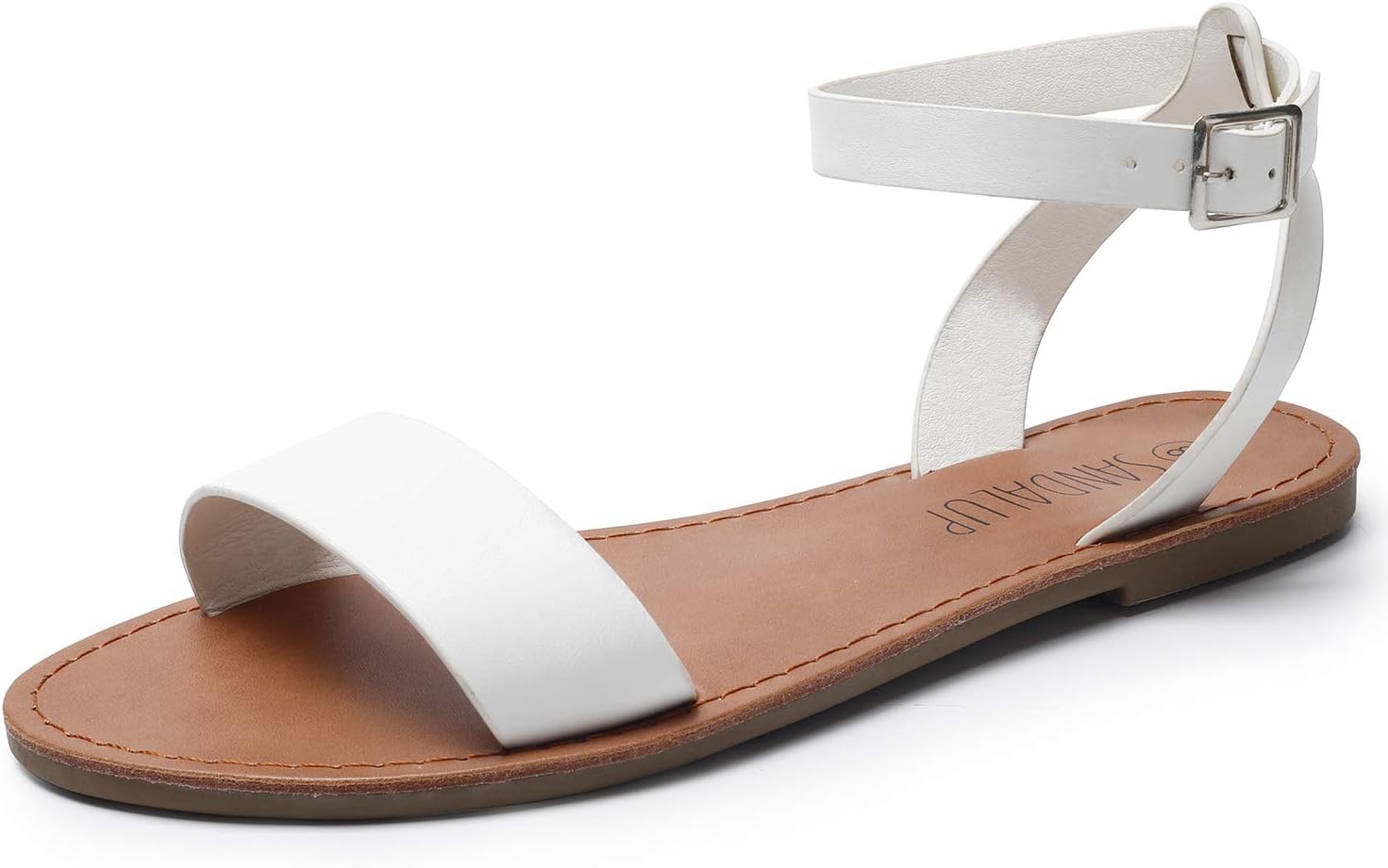 SANDALUP Women’s Soft Faux Leather Open Toe and Ankle Strap Buckle Flat Sandals