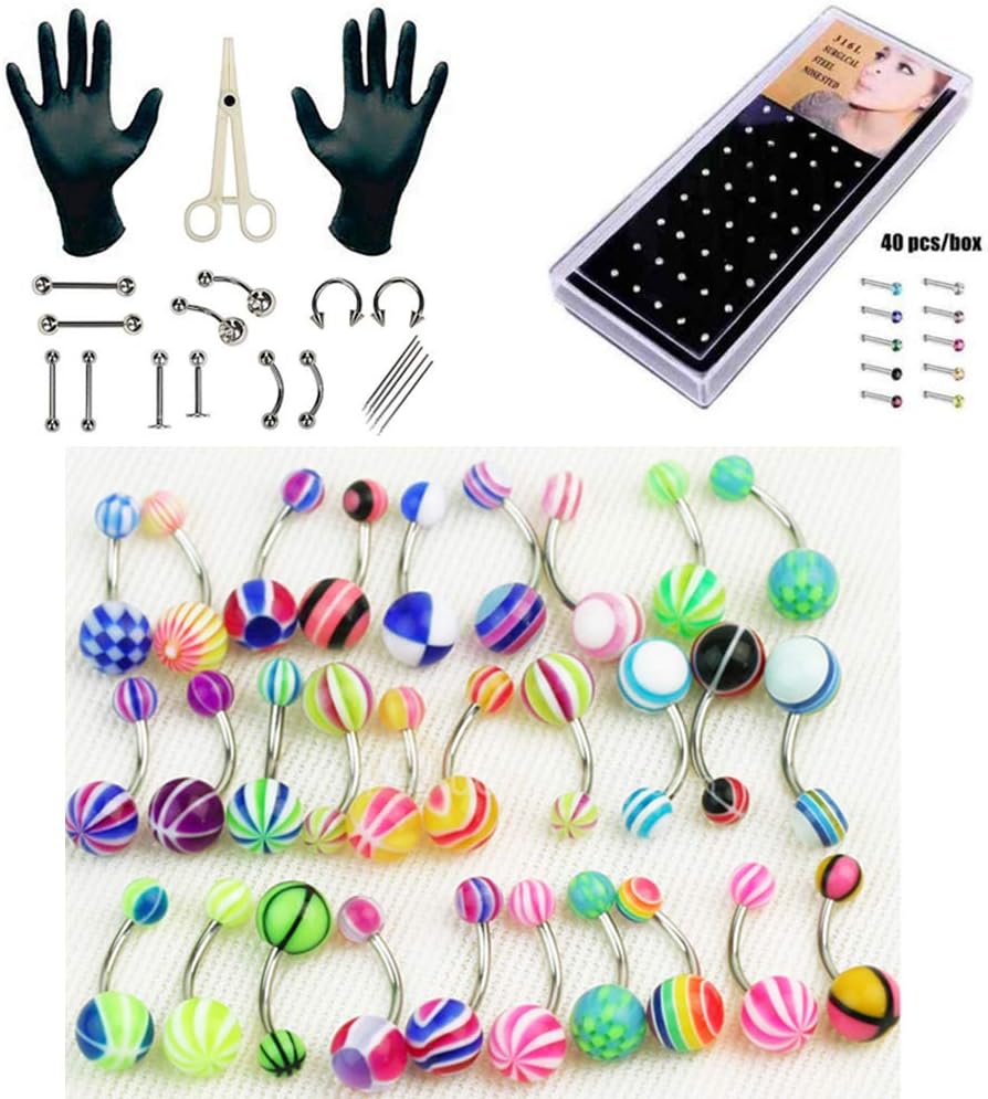 100PC Body Piercing Kit Lot 14G 16G Belly Ring Labret Tongue Tragus Random Mix Jewelry