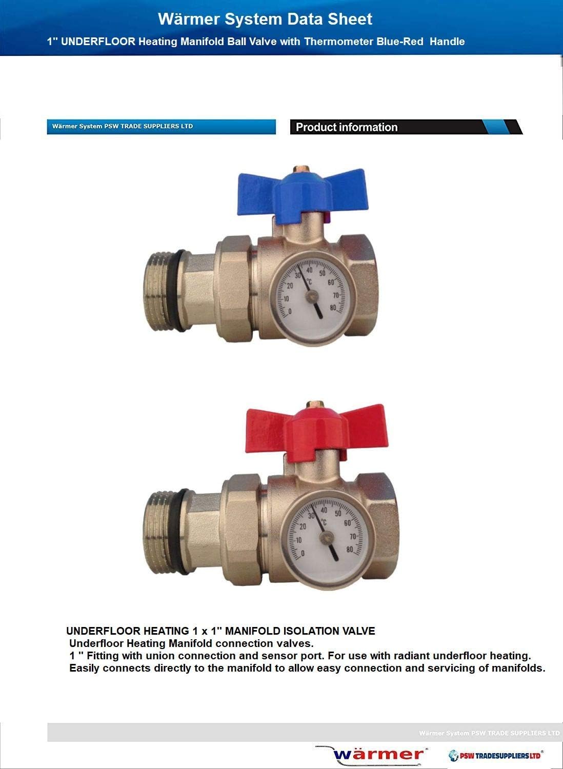 Wärmer System Isolation Valve with Thermometer 1 inch Red-Blue Handle FxM for Underfloor Heating Manifold - Image 3