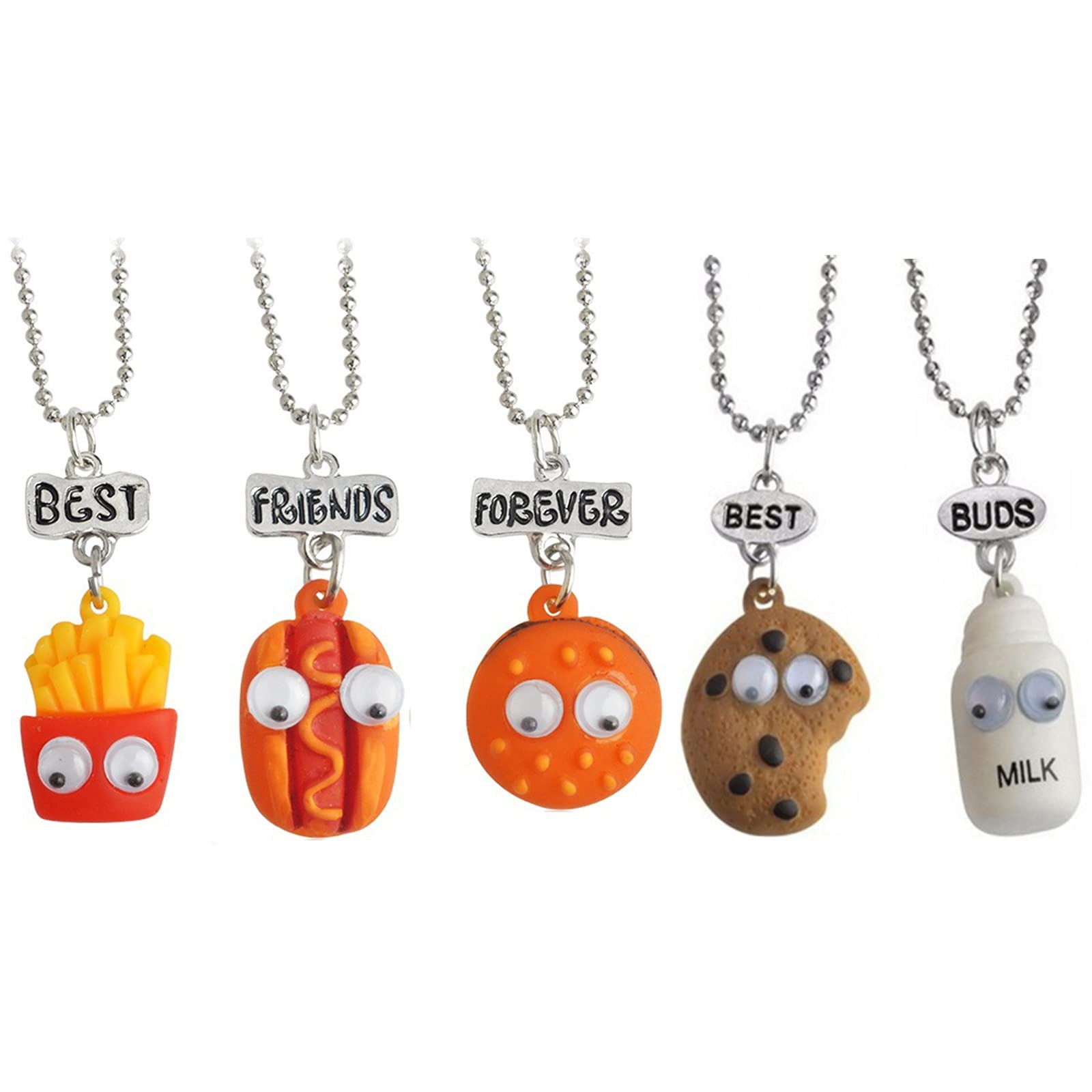 XHBTS 5 Pcs/Set French Fries Hot Dog Bread Hamburger Cute Milk and Cookie Pendant Best Friend Necklaces-Best Buds-Boys Friendship BFF Necklaces Birthday Gifts for Kids