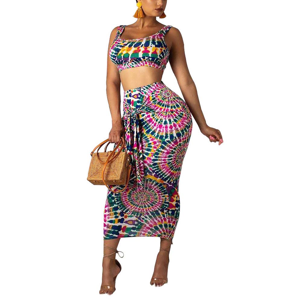 Womens 2 Piece Outfits Crop Top - Sexy Sleeveless Tie Dye Print Tank Bodycon Skirts Set Midi Dress