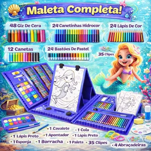 Maleta de Pintura Infantil 208 Itens Mundo Encantado da Sereia Desenho Arte Material Escolar Presente para Crianças