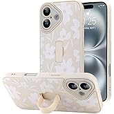 BF2JK for iPhone 16 Case with Finger Hand Strap Kickstand, Cute Aesthetic Floral Flower Phone Case for Women Men, Full Camera Protection Shockproof Cover, White
