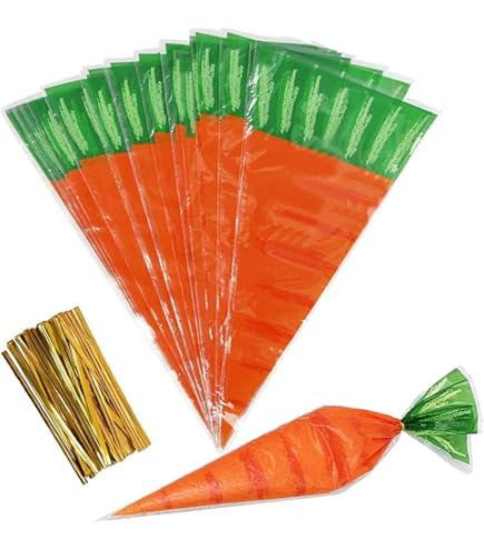 100PCS Carrot Shaped Treat Bags With Twist Ties - Plastic Goody Bags For Easter & Party Favors