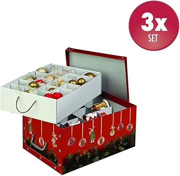 Caja decorativa de cartón XXL en rojo con bonitas imágenes de corona y bolas de Navidad -