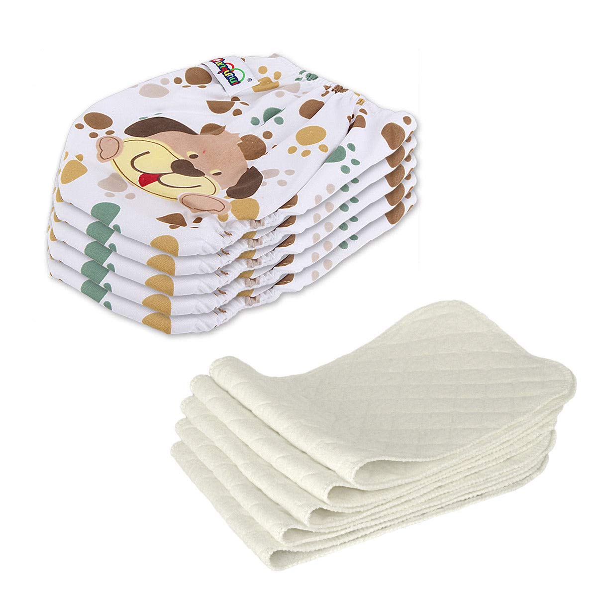 5 PCS+5 INSERTS Cloth Diapers lot Nappies Adjustable Reusable For Baby Newborn (Puppy)