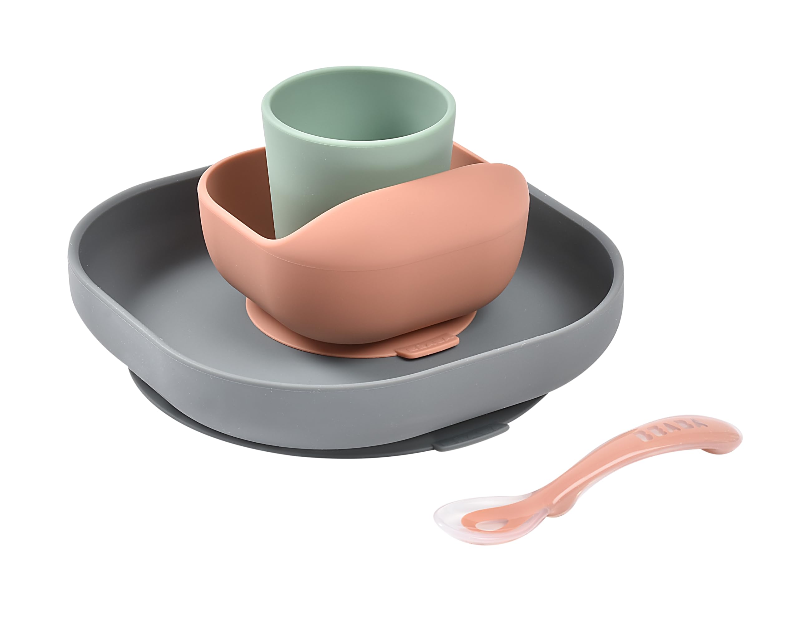 Béaba Silicone Baby Meal Set with Suction Cup, Non-Slip, 4 Pieces, Plate + Bowl + Glass + Spoon, Healthy and Durable Silicone, Dishwasher, Microwave, Mineral — image 1