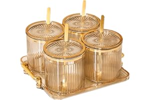 NAN WIND Acrylic Condiment Spice Jars,Condiment Spice Box With Lids and Spoons and Tray,Clear Plastic Condiment Canisters,Seasoning Box 4 Pack,Seasoning Box Set for Kitchen to Storage Salt,Paprika,Sugar