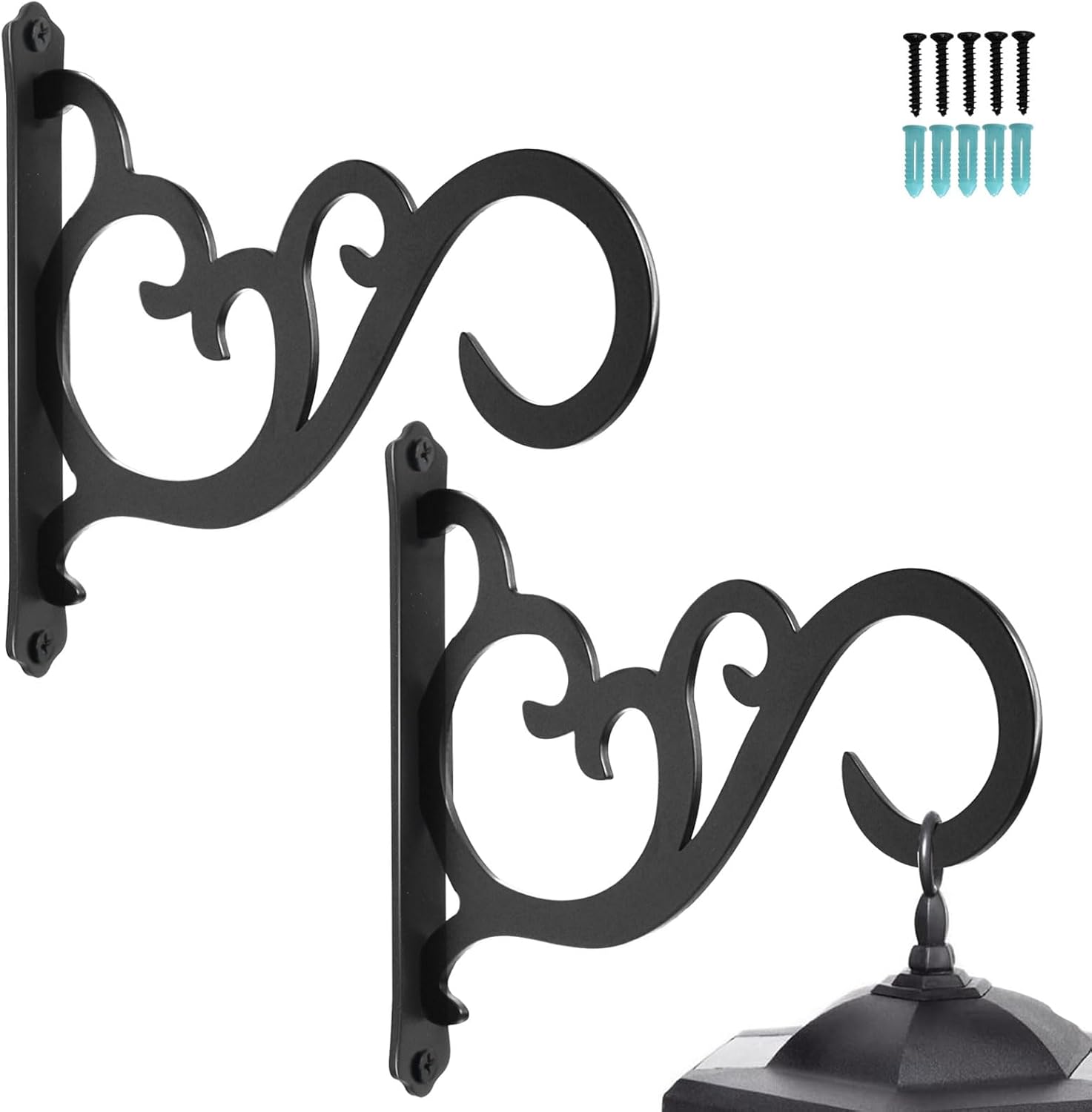 Outdoor Hanging Brackets - DUOUPA Upgraded Hanging Plant Bracket Outdoor Indoor Decorative Iron Wall Hooks for Hanging Plant, Bird Feeder, Flower Basket, Lanterns, Wind Chimes, Ornaments, Black (2 Pack)