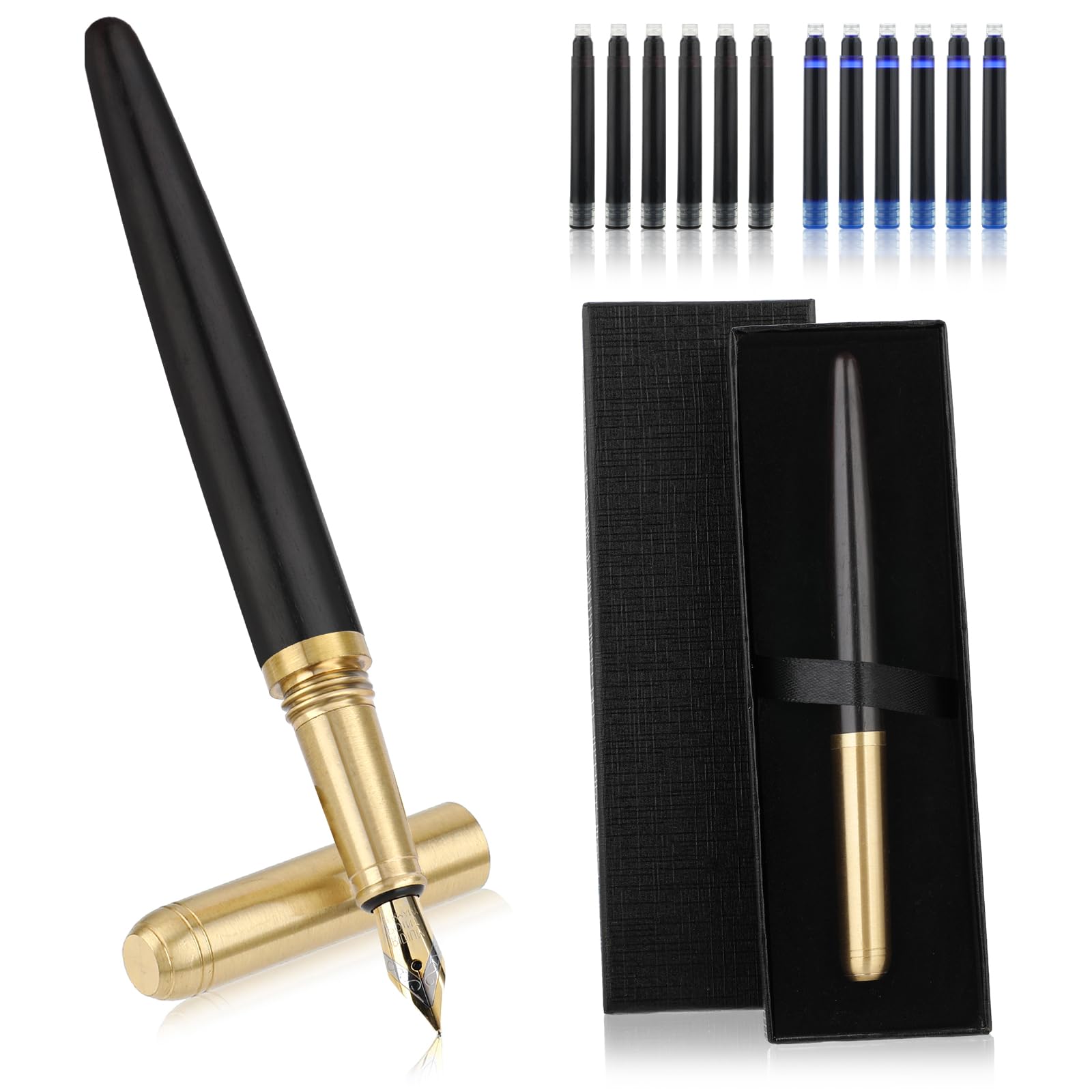Amaxiu Luxury Wooden Fountain Pens Set, Fine Nib Wood Fountain Pen Vintage Wooden Pen with 12 2.6 mm Ink Cartridges and Gift Box for Journaling Business Office Supplies(E)