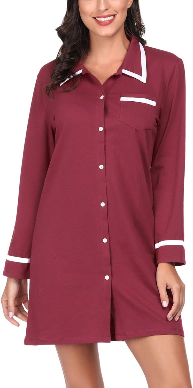 Lu's Chic Women's Cotton Nightgown Button Down Loungewear Boyfriend