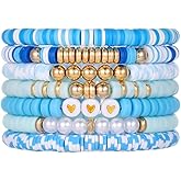 Caiyao Bohemia Multilayer Heart Polymer Clay Beaded Stackable Bracelets Set Colorful Surfer Heishi Clay Gold Beads Stretch Bracelets for Women Men Summer Beach Boho Vacation Jewelry Gifts
