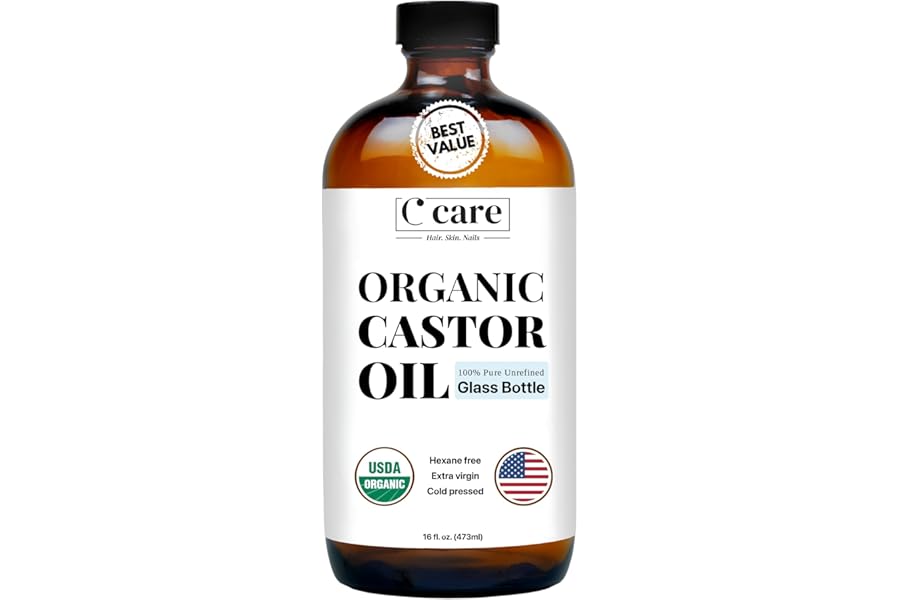C CARE Castor Oil 100% Pure Organic Cold Pressed Unrefined Glass Bottle | USDA Certified Organic | Hexane Free Extra Virgin | For Hair Growth Eyebrows Eyelashes Skin and Castor Oil Pack Wrap | 16oz