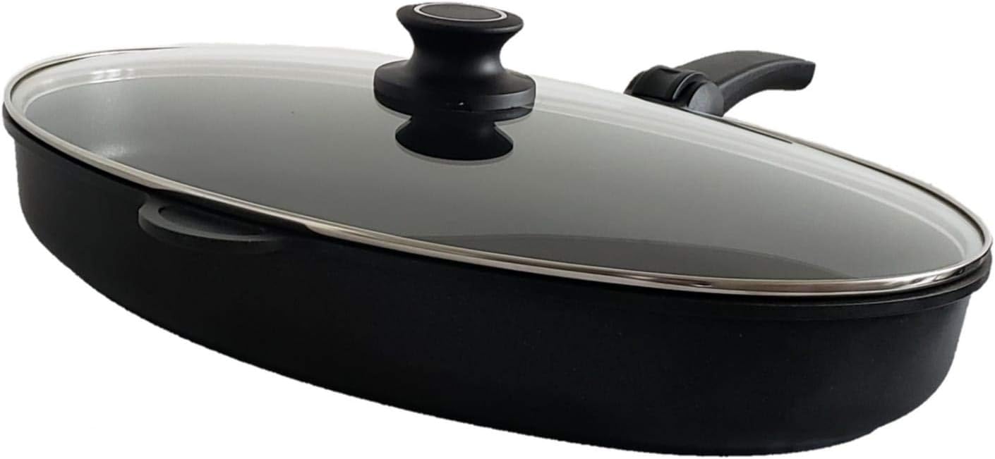 Fischpfanne 41x27 cm, Aluguss, Induktion - Inkl. Glasdeckel und abnehmbarem Griff in Premium Qualität (A Ware, neueste Serie) 1 Monat Geldzurückgarantie! - Made in Europa