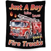 Kids Blanket - 50x40 Inches Small Fire Truck Themed Stuff Blankets for Boys, Fire Truck Lovers - Black Soft Plush Warm Throws for Travel, Couch