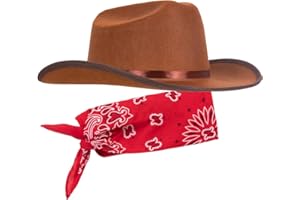 Narwhal Novelties Junior Brown Cowboy Hat with Red Bandana Set - Kids Western Wear with Felt Cowboy Hat for Boys, Kids Cowboy Hats for Dress up Parties - Kids Cowgirl Hat