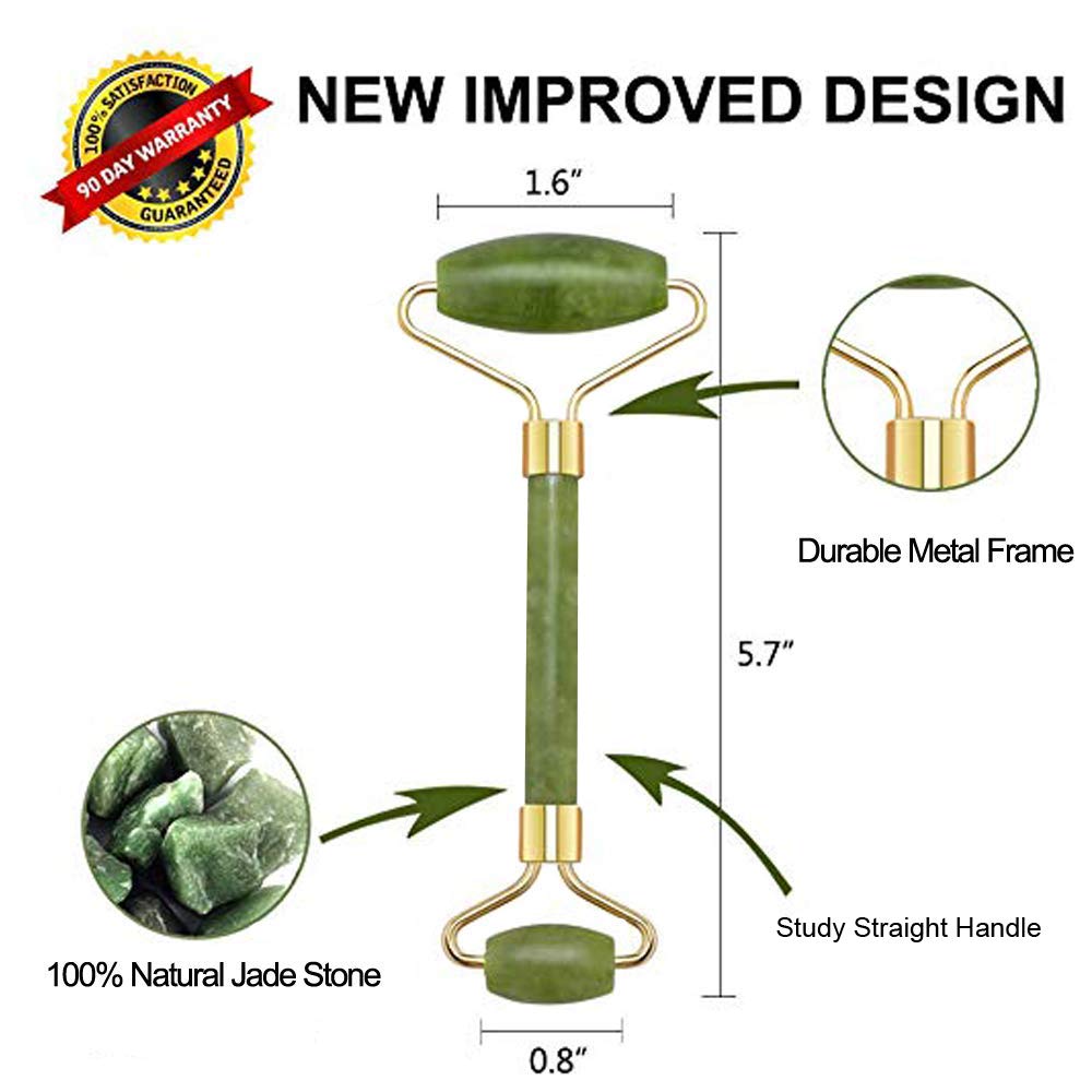 Jade Roller & Gua Sha Scraper for Face Massage - 3 in 1 Facial Jade Stone Set for Anti-aging, Slimming & Firming - 100% Real Natural Face Eye Neck Roller - Anti Wrinkle Facial Skin Massager