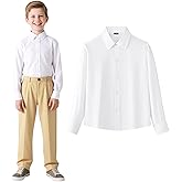 HILEELANG Boy School Uniform Shirt Kids Classic White Blue Long Sleeve Button Down Dress Shirt Ages 5-16
