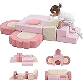 MOOZHEALTH 13 Pieces Foam Climbing Blocks for Toddlers|Floral Baby Soft Play Gym,Kids Indoor Crawing Climbers & Play Structures for Bedroom,Livingroom & Playroom,Pink & Beige