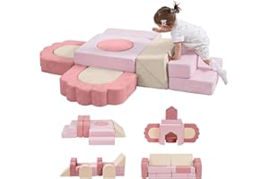 MOOZHEALTH 13 Pieces Foam Climbing Blocks for Toddlers|Floral Baby Soft Play Gym,Kids Indoor Crawing Climbers & Play Structures for Bedroom,Livingroom & Playroom,Pink & Beige
