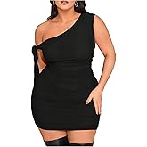Floerns Women's Plus Size Off The Shoulder Bodycon Mini Dress Tie Knot Side Ruched Hem Party Night Out Mesh Short Dresses