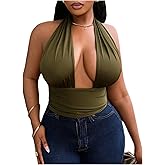 OYOANGLE Women's Plunging Cropped Halter Tops Ruched Sleeveless Tie Backless Shirts