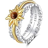 VONALA Gold Plated 925 Sterling Silver Sun Fidget Rings for Anxiety Tiger Eye Spinner Rings for Women Anti Stress Mood Rings Gifts Band Wide
