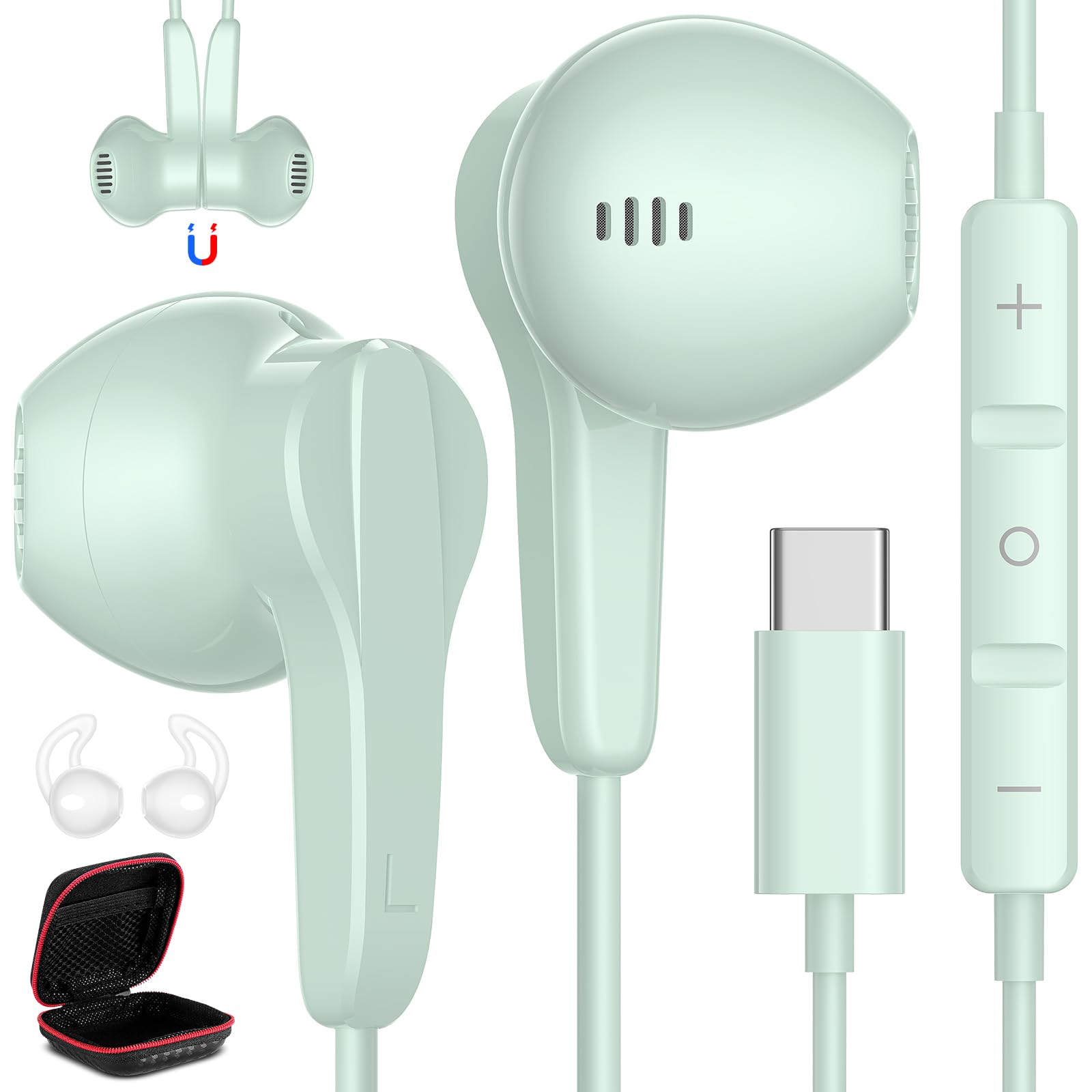 Photo 1 of USB C Headphones for iPhone 17 Air 16 15 Pro Max Plus, Type C Earphone with Mic HiFi Stereo Volume Magnet in Ear USBC Wired Earbud for Samsung Galaxy S25 S24 Ultra S23 Fe S22+ Flip Pixel 10 9, Green