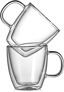 CnGlass Large Coffee Glass Mugs 11.8 oz,Insulated Espresso Mug with Handle,Double Wall Glasses Set of 2 Clear Glass Mug (Latte Cappuccino Tea)