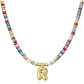 YOUFENG Initial Letter Necklaces for Women Colorful Beaded Gemstone Choker 14K Gold Plated Bubble Letter Pendant Necklace Natural Stone Handmade Jewelry Gift