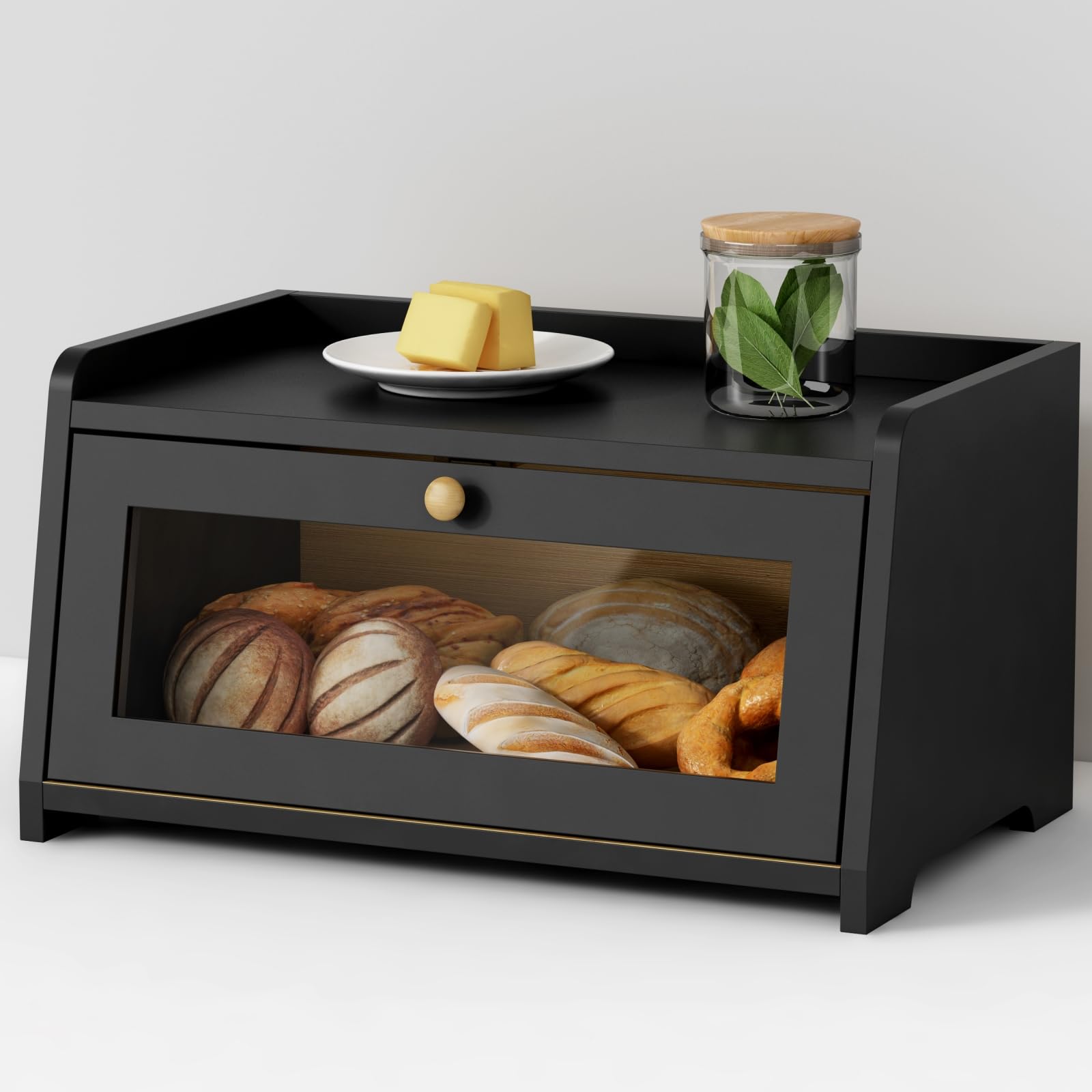 Photo 1 of ***MISSING INSTRUCTIONS***Goozii Black Bread Box for Kitchen Countertop, Vintage Wooden Counter Breadbox, Homemade Bread Storage Container for Sourdough Loaf, Small Farmhouse Corner Kitchen Countertop Organizer for Cabinet