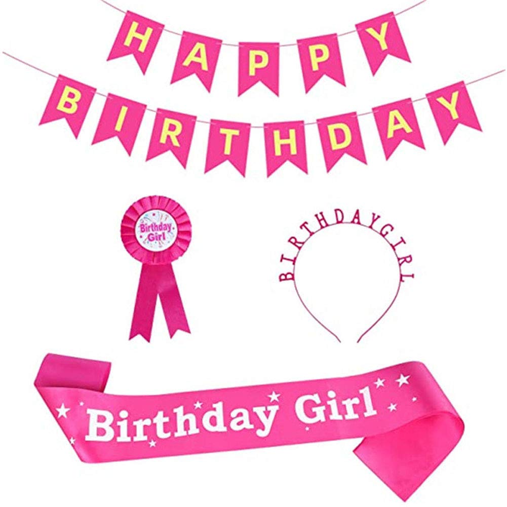 Camelliass 4 Pieces Birthday Costume Set, Birthday Girl Sash Birthday Girl Tiara Headband Happy Birthday Banner Birthday Girl Badge for Birthday Party Decorations Supplies (Rose)
