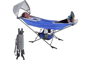 REPUBLIC OF DURABLE GOODS Portable Hammock with Stand, World's Best Mock ONE® Hammock, Compact Folding Framed Hammock with Adjustable Sunshade Canopy for Park, Backyard, Garden, Camping, Hiking, Mountaineering, Beaches- Blue