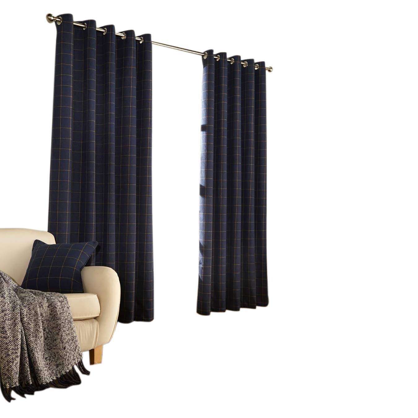 Furn Ellis Ringtop Eyelet Curtains (Pair) -Ready Made-Polyester-Navy-117cm x 137cm, Polyester, Navy, 117 x 137cm (46" x 54" inches)